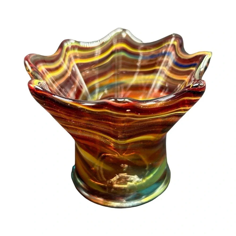 Hand Blown Art Glass Mini Vase Ruffled Star Rim Multicolor Striped 3.5 Inch
